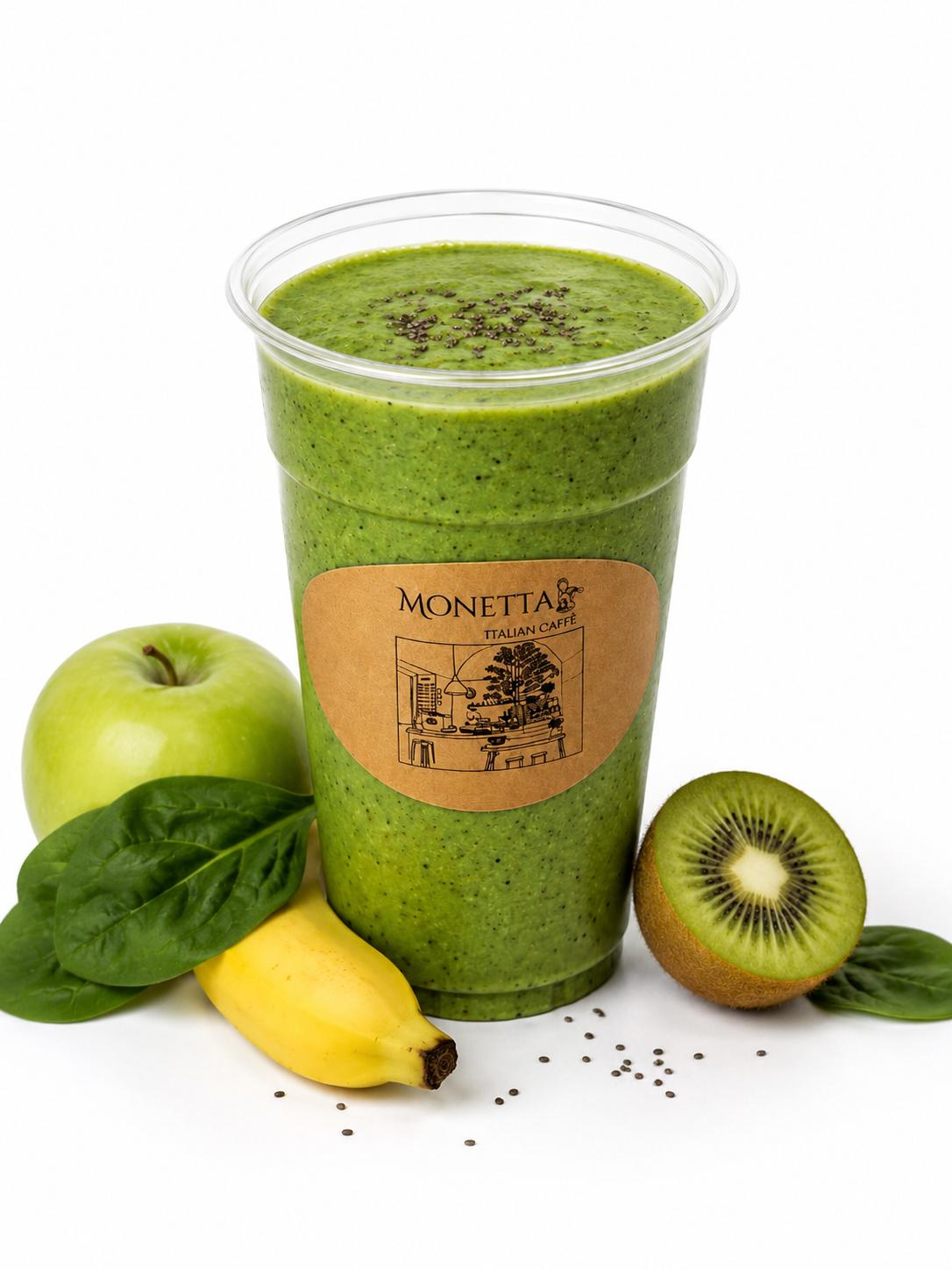 1- Green Spinach , Kiwi, Banana, Apple & Chia Seeds Smoothie 