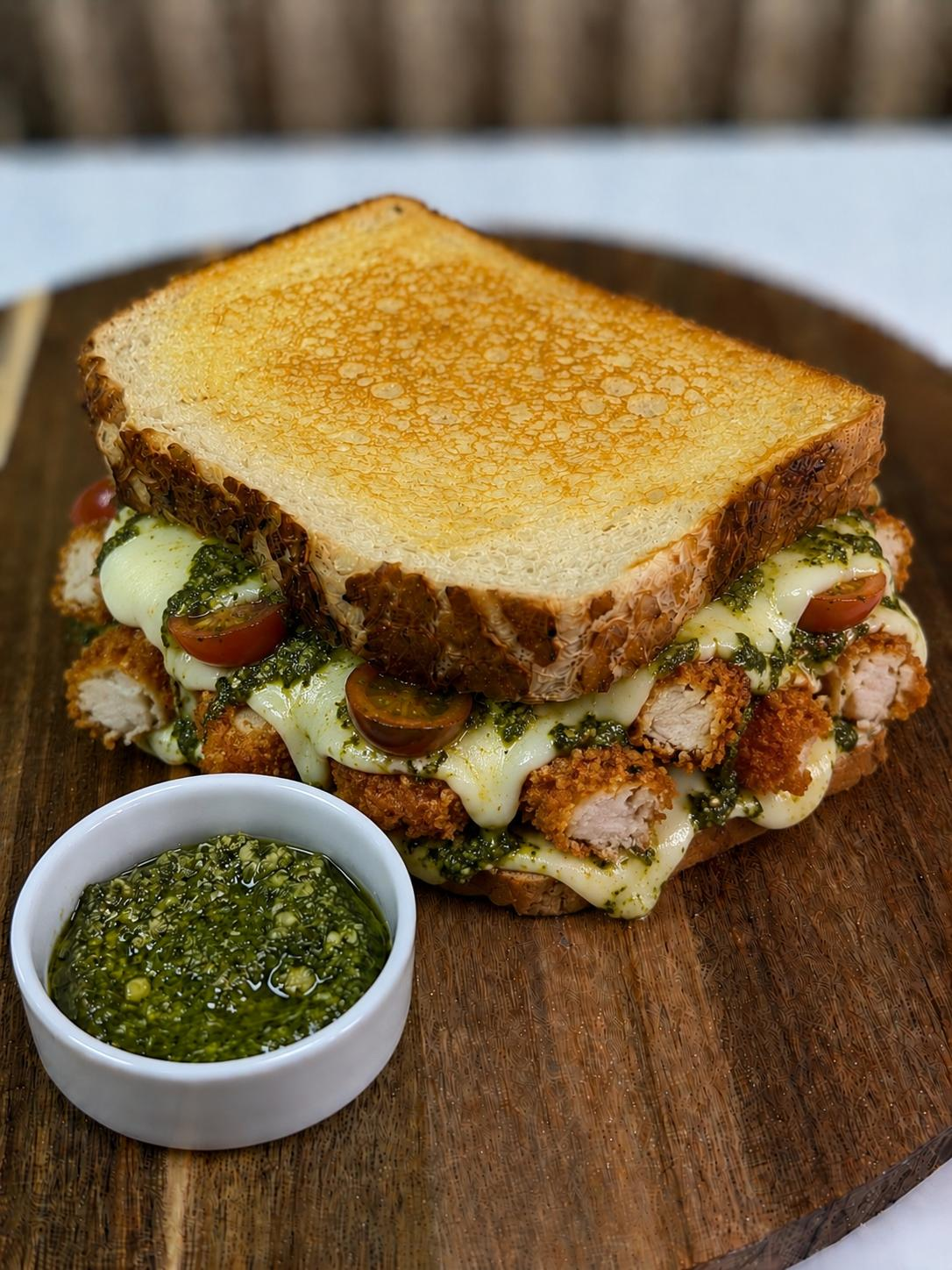 Crispy Chicken, Pesto, Cherry Tomato Toastie 