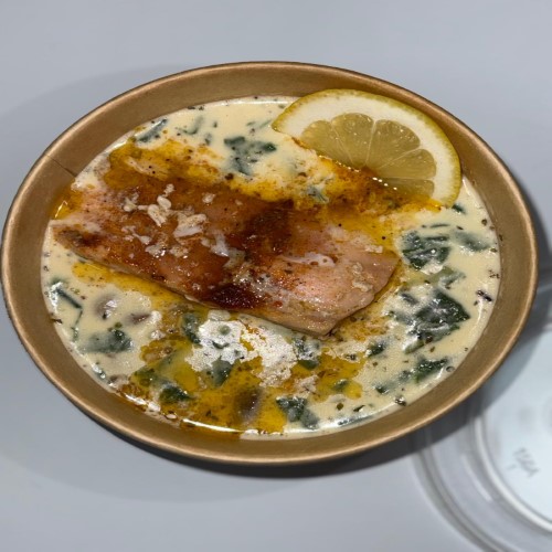 Salmon Fillet In Creamy Mushrooms & Spinach Sauce 